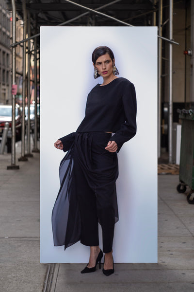 high-waisted draped pants, women's draped pants, genderless draped pants, draped pants, black draped pants, sheer draped pants,