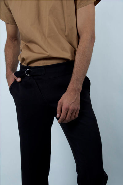 men's pants, men's black pants, black pants for men, modern pants for men, modern pants, adjustable pants, buckled pants, gabardine pants, denim pants, designer pants for men