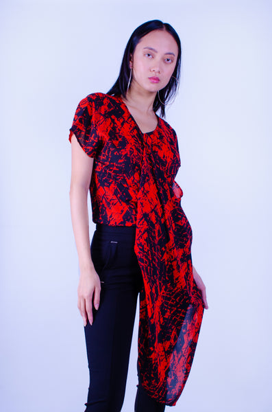 women's red blouse, red blouse, long blouse, print, print blouse, red, red long blouse, geometric blouse, designer's blouse