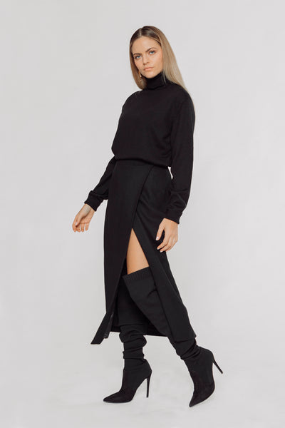 maxi skirt, high waisted skirt, high waisted wrapping skirt, wrapping skirt, pencil skirt, black skirt, long skirt, long skirt with slit, skirt with slit