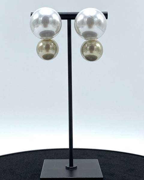 two-tone faux pearl dangle assembled by hand with a 14K karat gold dipped backing
