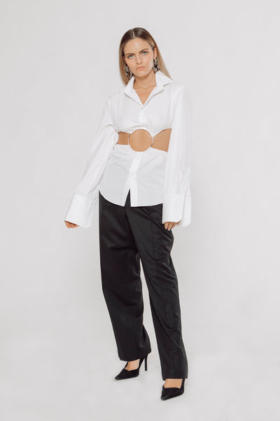 cut out shirt, white shirt, cut out shirt, women's tuxedo shirt, tuxedo shirt, women's sexy shirt, women's sexy white shirt, women's shirt, women's white shirt, poplin shirt, women's poplin shirt, cut off shirt, women's cut off white shirt with ring detail