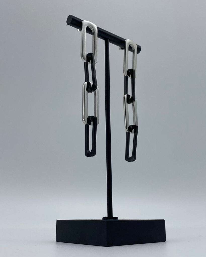 chain earrings, modern chain earrings,  black and silver chain earrings, black and gold chain earrings