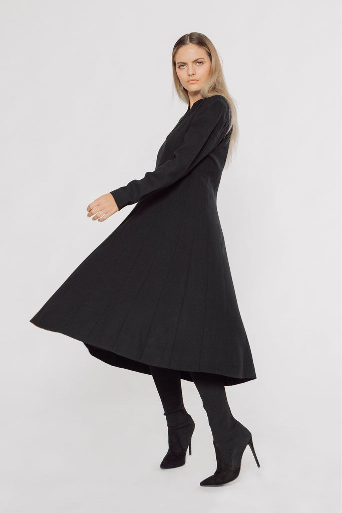 pleated dress, pleated midi dress, long sleeves midi dress, black dress, black midi dress, black long sleeves dress, semi circular dress, semi circular black dress, pleated black dress, women's black dress