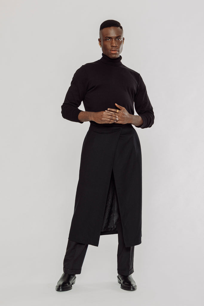 men's skirt, men's long skirt, men's wrapping skirt, men's midi skirt, men's black skirt, men's formal skirt, men's modern skirt, men's unconventional skirt, men's midi skirt in black, men's black skirt