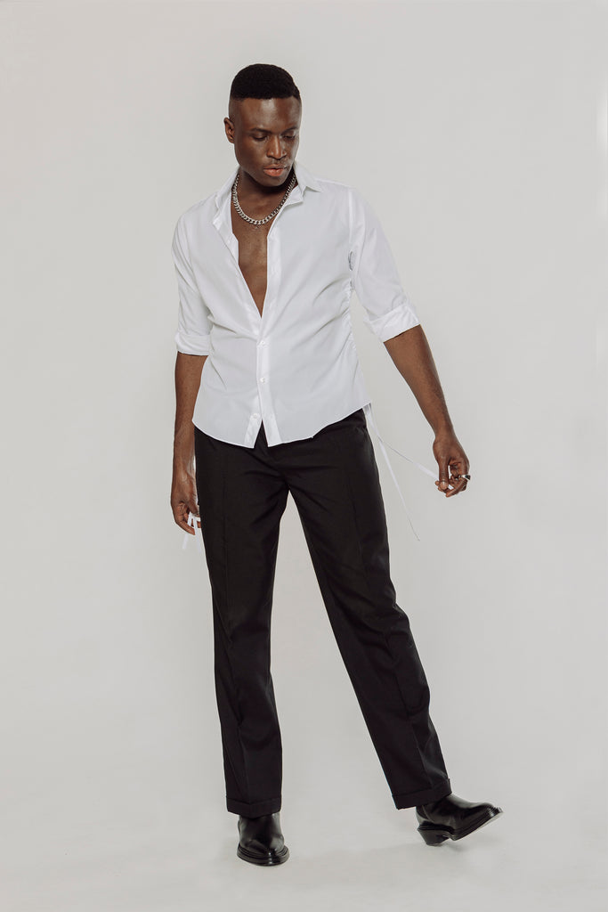 ruched shirt, men's ruched shirt, side ruched shirt, men's side ruched shirt, men's shirt, men's white shirt, men's side ruched shirt, ruched shirt, white ruched shirt