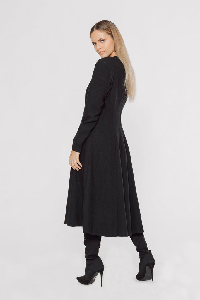 pleated dress, pleated midi dress, long sleeves midi dress, black dress, black midi dress, black long sleeves dress, semi circular dress, semi circular black dress, pleated black dress, women's black dress