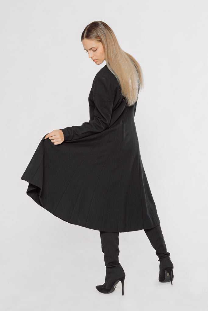 pleated dress, pleated midi dress, long sleeves midi dress, black dress, black midi dress, black long sleeves dress, semi circular dress, semi circular black dress, pleated black dress, women's black dress